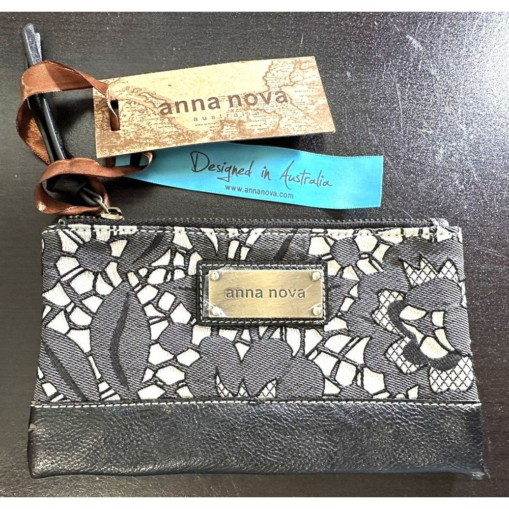 Anna Nova Black White Lace & Leather Zip Pouch Cosmetic Bag Wristlet Australia